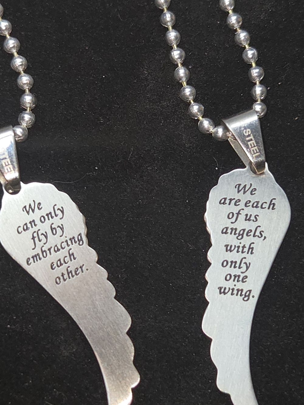 Pair of Silver Angel Wing Pendant Necklaces with Engraved Quote